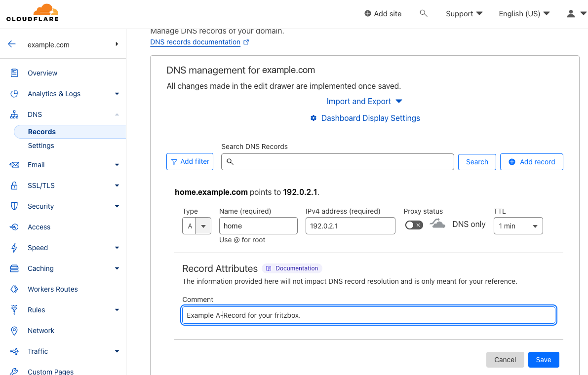 Cloudflare's Add record form for an A record: a name, a placeholder IPv4 address, proxy status DNS only, TTL 1 min
