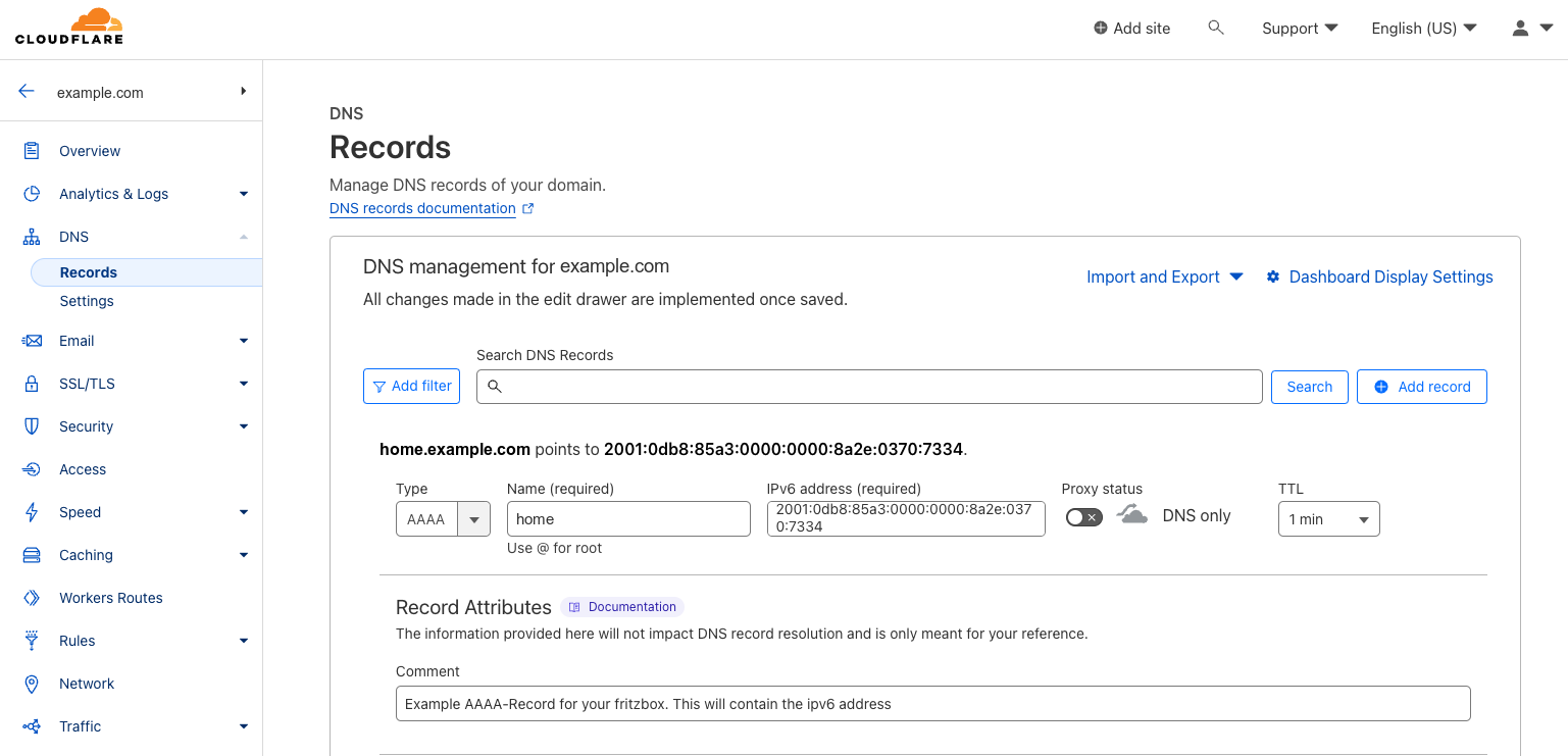 Cloudflare's Add record form for an AAAA record: a name, a placeholder IPv6 address, proxy status DNS only, TTL 1 min