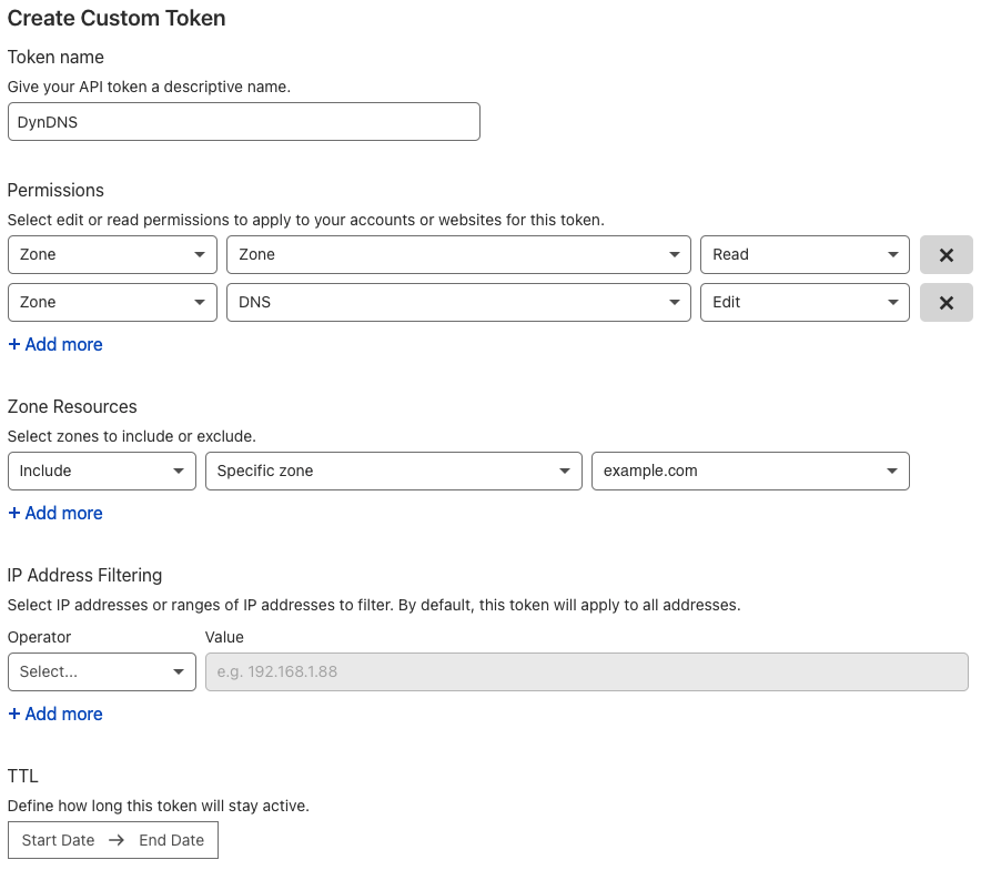 Cloudflare's Create Custom Token form: the permissions Zone · Zone · Read and Zone · DNS · Edit, and Zone Resources set to Include · Specific zone