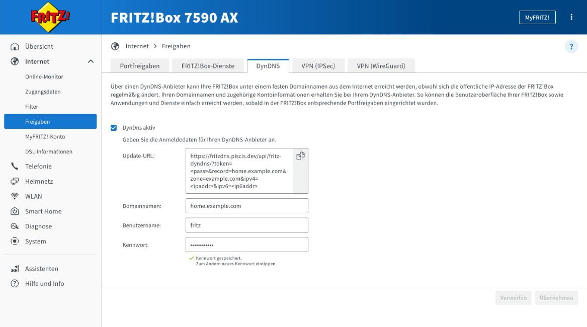 The FRITZ!Box DynDNS tab in the German interface, under Internet → Freigaben, with DynDns aktiv ticked and the Update-URL, Domainnamen, Benutzername and Kennwort fields filled in
